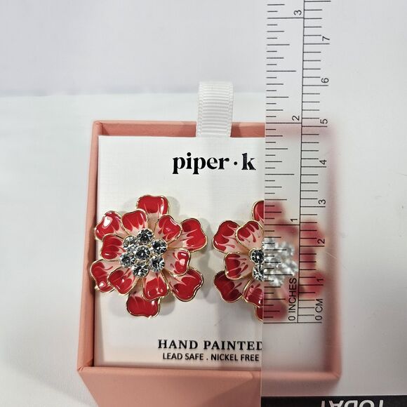Hand Painted Red Floral Statement Earrings, Piper K, Crystal Center, Nickel Free - Picture 5 of 6